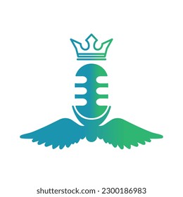 Podcast wings microphone logo with king icon shape vector illustration.