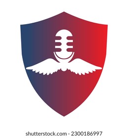 Podcast wings microphone logo with shield shape vector illustration.