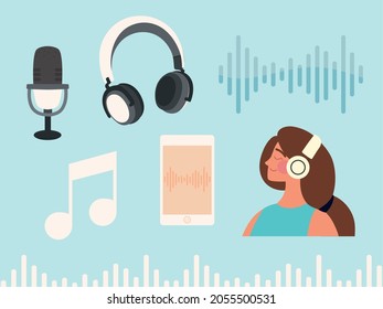 podcast woman headphones icon set