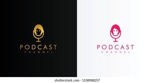 Podcast woman microphone broadcast radio. Modern logo icon template vector design