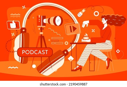 Podcast. Woman sitting in headphones with microphone, abstract poster in orange colors poster. Radio banner, digital music cover, live melody show, song logo, vector cartoon flat illustration