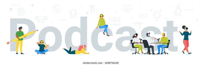 Podcast word concept banner. Youth in headphones listening to music, podcast cartoon characters. Podcasting in the internet, online radio show broadcasting isolated design element