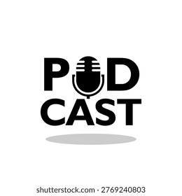 Podcast word Microphone icon with shadow