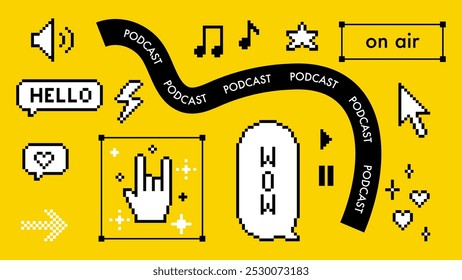 Podcast. Y2k pixel icons set. Radio podcast concept. Music note, speech bubble, on air sign. Game abstract elements. Black color modern shape for collage and poster. Abstract geometric simple sign