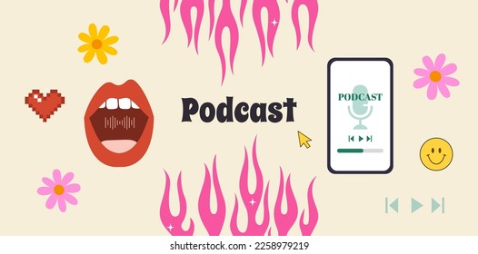 Podcast. Y2k vintage style. Talking mouth. Pink flames. Vector