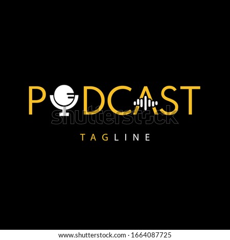 Podcast. Yellow text logo design on black background.