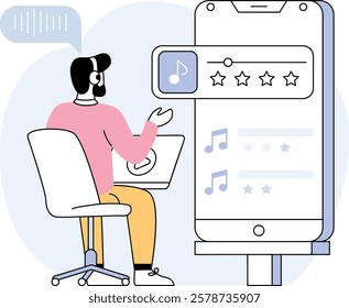 podcaster analyzes audience feedback concept, creators audiences reviews on app vector design, Podcast slice-of-life journalism scene, Web television series banner, vodcast audio blogging illustration