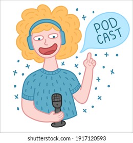 Podcaster boy with microphone and headphones. Vector illustration isolated on white background
