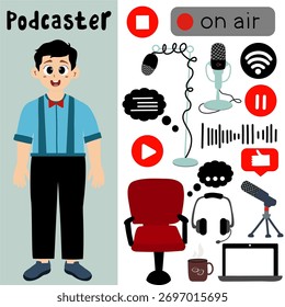 Conjunto de elementos de Podcaster. Video Grabación de podcast, difusión, concepto de servicio de streaming. Portátil, auriculares, micrófono, trípode, cámara.