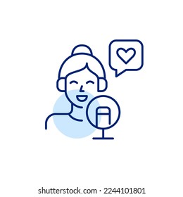 Podcaster girl receiving likes from her audience. Pixel perfect, editable stroke line icon