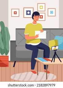 Podcaster with headphone listening and recording audio podcast, talking on video call. Young man with smartphone studying, listen to podcast, broadcasting, streaming online with phone gadget for blog