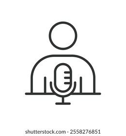 Podcaster, icon in line design. Podcaster, podcast, microphone, audio recording, voice recording, broadcasting, speaker on white background vector. Podcaster editable stroke icon