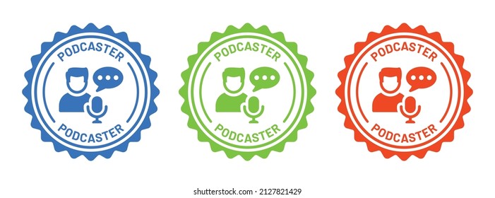 Podcaster icon set. Podcaster talking to microphone icon vector illustration.