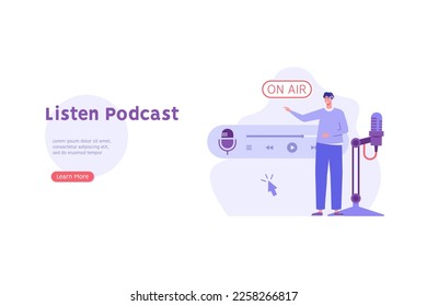 Podcaster listening with Microphone and Recording Podcasts in Mobile App. Audio Podcast. Concept of Online Podcasting, Online Radio Show, Radio Host. Vector illustration for Web Design