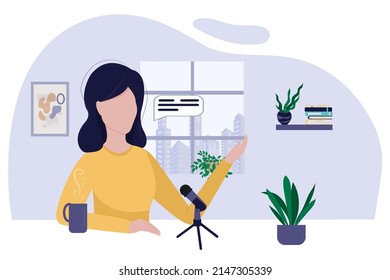 The podcaster makes the content. A girl sits at a table and speaks into a microphone while recording a podcast. Female radio host. Broadcasting in social networks. Blogger's workplace. 