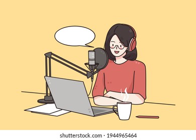 Podcaster making, blogger, technology concept. Young smiling Woman cartoon character sitting recording podcast on her laptop computer with headphones and microphone vector illustration 