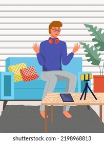 Podcaster making, blogger, technology concept. Young smiling man cartoon character sitting recording podcast on his smartphone. Person talking to friend with video call, study online with phone
