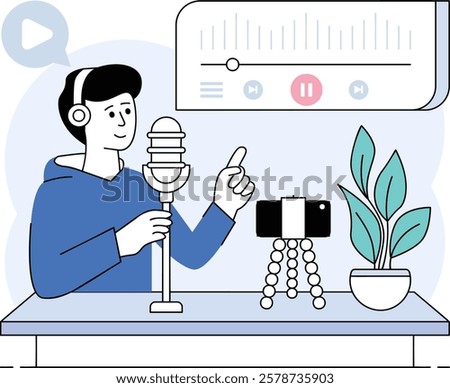 Podcaster Mic check 1,2,3 Testing concept, Podcasting diy from home vector design, Podcast slice-of-life journalism scene, Web television series banner, vodcast audio blogging illustration