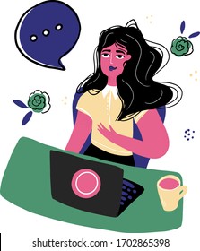 Podcaster, locutor de radio con ilustración de vector de micrófono. Estudio de podcasts y alojamiento de medios, retransmitiendo dibujo de doodle. Radiotelevisión femenina en el lugar de trabajo aislada de fondo blanco