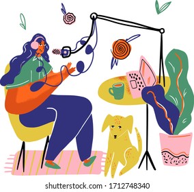 Podcaster, locutor de radio con ilustración de vector de micrófono. Estudio de podcasts y alojamiento de medios, retransmitiendo dibujo de doodle. Radiotelevisión femenina en el lugar de trabajo aislada de fondo blanco