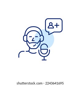 Podcaster, der neue Abonnenten benachrichtigt. Pixel perfektes, bearbeitbares Strichzeilensymbol