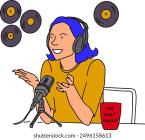 The podcaster sits at the microphone. Vector illustration. Isolated illustration.