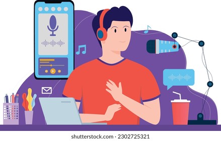 Podcaster streaming. Man reviewing for online journal or website content, posting short video to vlog, recording program. Vector flat style cartoon Podcast illustration.