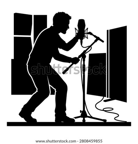 Podcaster talking into microphone in recording studio setting professional audio production graphic.