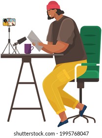 Podcaster talking to microphone, communicating, recording podcast. Person records live podcast, broadcasts online using smartphone. Man working at radio station, broadcasting live, recording video