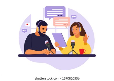 Podcaster talking to microphone recording podcast in studio. Radio host with table flat vector illustration.