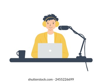 A podcaster wears headphones and talks into a microphone while sitting at a table in a studio. Multimedia products. Flat vector illustration isolated on white background.