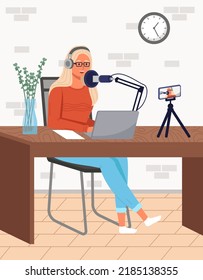 Podcaster woman character in office room interior. Girl with headphone listening audio podcast and speaking at live streaming use smartphone and laptop. Podcaster making, blogger, technology concept