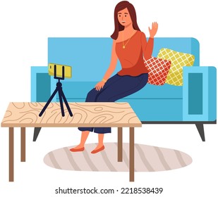 Podcaster woman character in office room interior. Girl listening audio podcast and speaking at live streaming use smartphone and laptop on her vlog. Podcaster making, blogger, technology concept