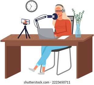 Podcaster woman character in office room interior. Girl listening audio podcast and speaking at live streaming use smartphone and laptop on her vlog. Podcaster making, blogger, technology concept