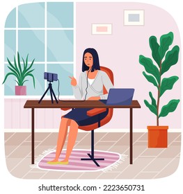 Podcaster woman character in office room interior. Girl listening audio podcast and speaking at live streaming use smartphone and laptop on her vlog. Podcaster making, blogger, technology concept