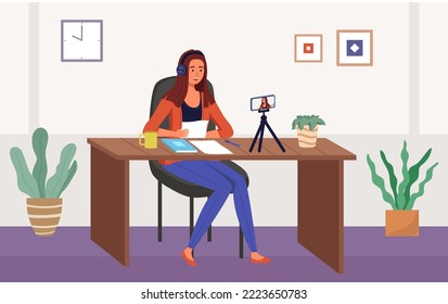 Podcaster woman character in office room interior. Girl listening audio podcast and speaking at live streaming use smartphone and laptop on her vlog. Podcaster making, blogger, technology concept