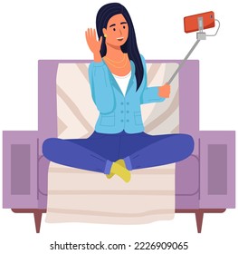 Podcaster woman character in office room interior. Girl listening audio podcast and speaking at live streaming use smartphone and laptop on her vlog. Podcaster making, blogger, technology concept