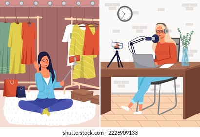 Podcaster woman character in office room interior. Girl with headphone listening audio podcast and speaking at live streaming use smartphone and laptop. Podcaster making, blogger, technology concept