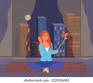 Podcaster woman character in office room interior. Girl listening audio podcast and speaking at live streaming use smartphone and laptop on her vlog. Podcaster making, blogger, technology concept