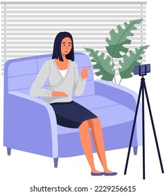 Podcaster woman character in office room interior. Girl listening audio podcast and speaking at live streaming use smartphone and laptop on her vlog. Podcaster making, blogger, technology concept