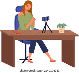 Podcaster woman character in office room interior. Girl listening audio podcast and speaking at live streaming use smartphone and laptop on her vlog. Podcaster making, blogger, technology concept