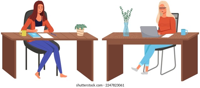Podcaster woman character in office room interior. Girl listening audio podcast and speaking at live streaming use smartphone and laptop on her vlog. Podcaster making, blogger, technology concept