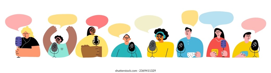 Podcasters. Collection of hand drawn vector illustrations. Flat design. Graphic design on white background.