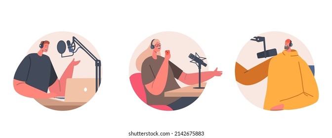 Podcasters Isolated Round Icons or Avatars. Characters Wear Headphones Speaking in Microphone Sitting at Desk in Studio. Multimedia Production, Radio Dj Online. Cartoon People Vector Illustration