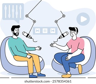 Podcasters sitting on bean bag holding mic concept, Sound Waves Stories set vector design, Podcast or slice-of-life journalism scene, Web television series banner, vodcast audio blogging illustration