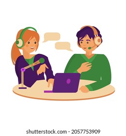 Podcasters in studio. Female radio host interviewing guests on radio station. Man and woman in headphones talking. Cartoon vector illustration on white background