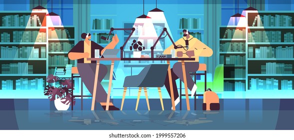 podcasters talking to microphones recording podcast in studio podcasting online radio broadcasting concept