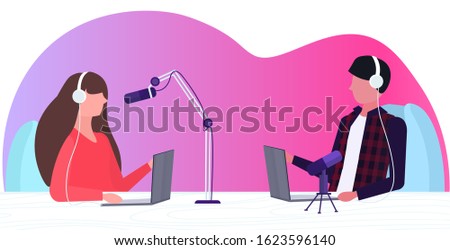 podcasters talking to microphones recording podcast in studio podcasting online radio concept man in headphones interviewing woman broadcasting portrait horizontal vector illustration