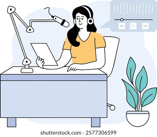 podcasters Tech Driven Workspace concept, sound engineer preparing new Episode vector design, Podcast slice of life journalism scene, Web television series banner, vodcast audio blogging illustration