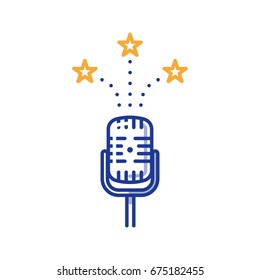 Podcasting and broadcasting concept, comedy show, stage performance microphone, vector line illustration